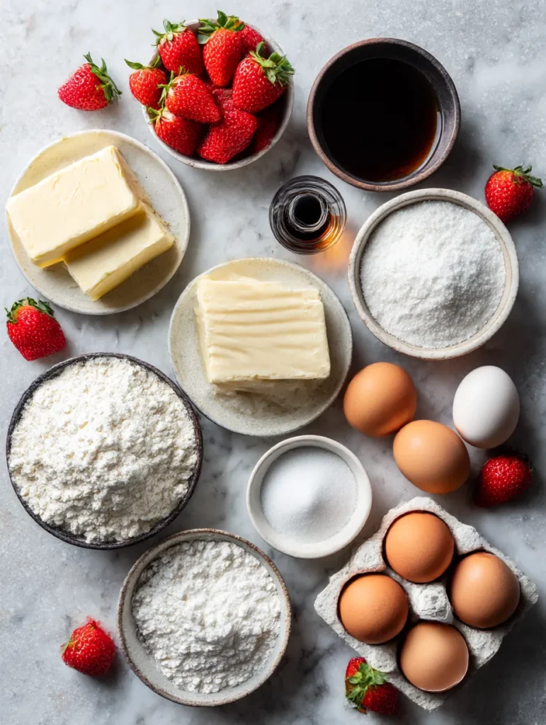 Premium ingredients for from-scratch strawberry cake including cake flour and European butter