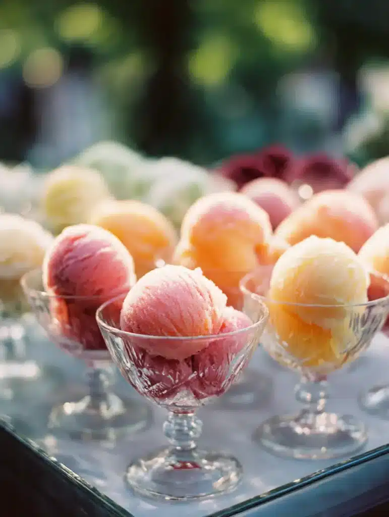 Successful homemade sorbet varieties in elegant serving glasses for summer enjoyment