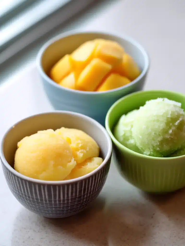 Three simple mango sorbet variations in everyday kitchen bowls on home counter