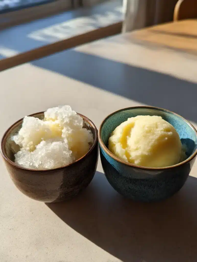 Comparison between failed chunky mango sorbet and perfect smooth texture in home bowls