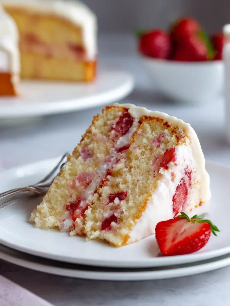 Slice of moist one bowl strawberry cake with cleanup comparison showing minimal dishes