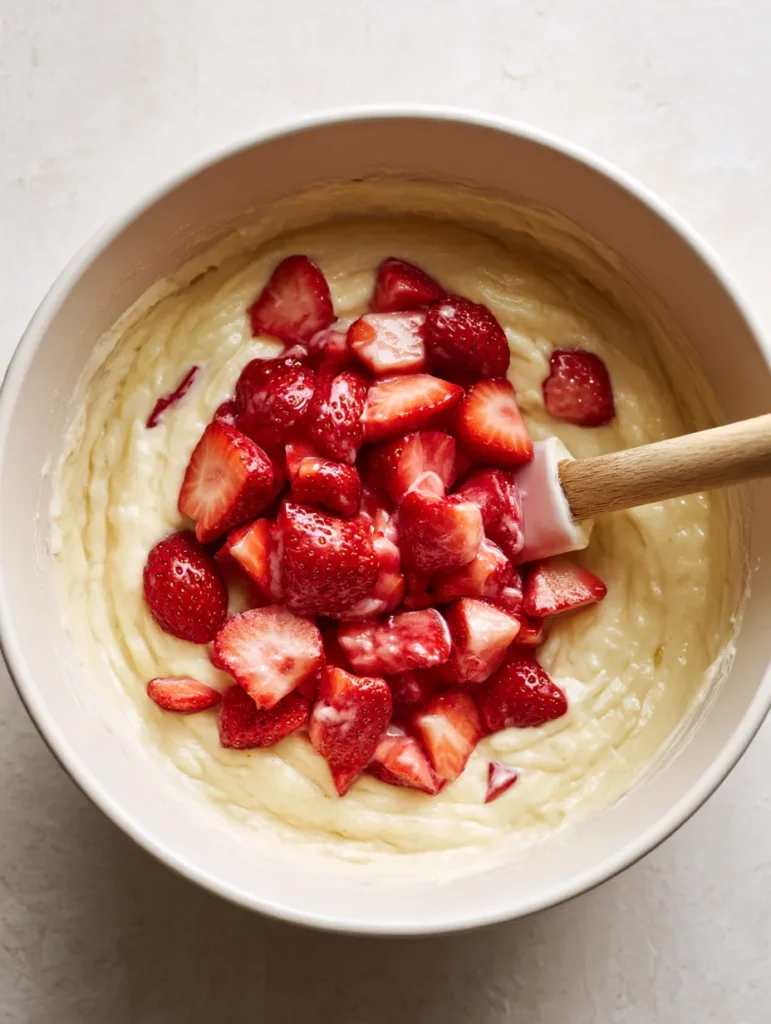Complete one bowl strawberry cake batter with fresh strawberries being mixed in
