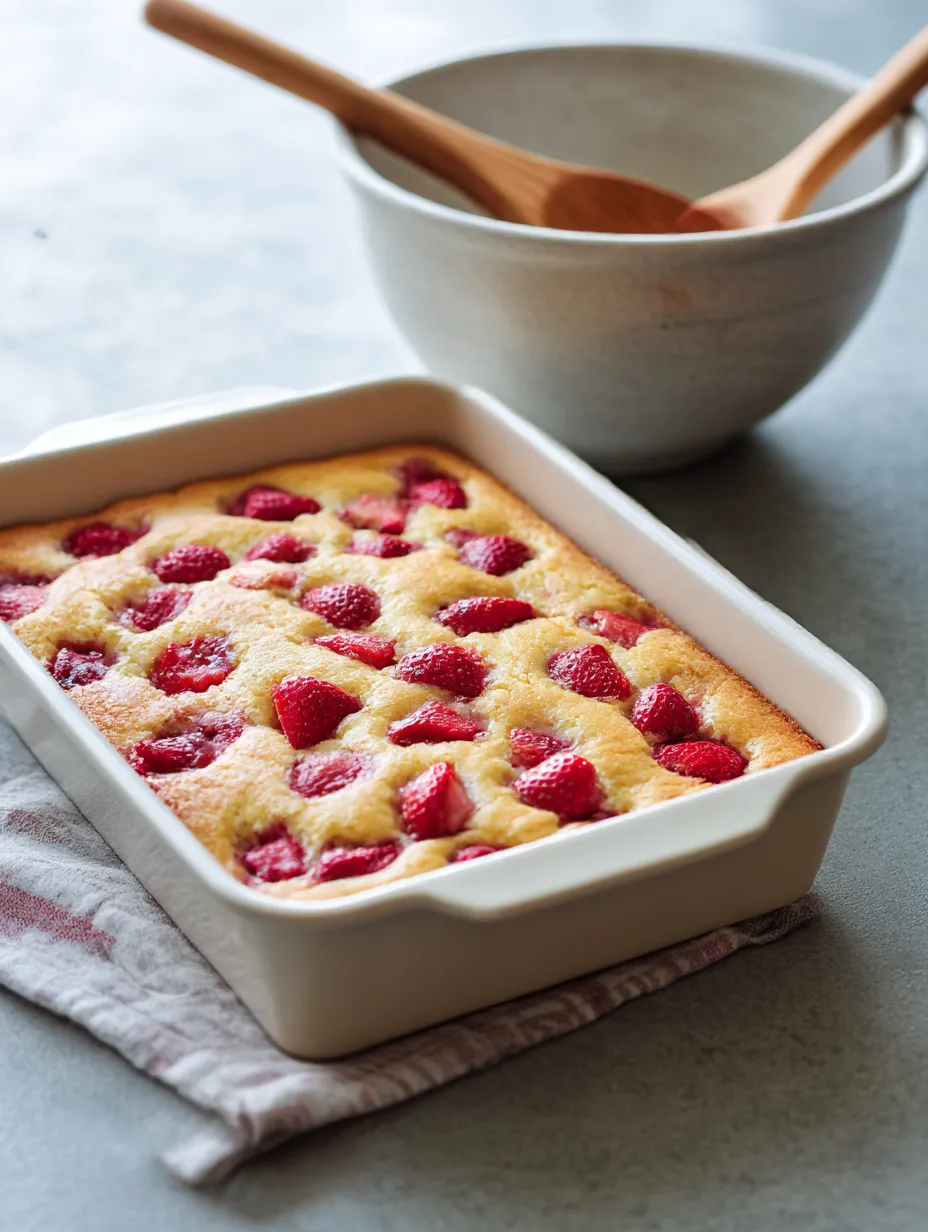 One bowl strawberry cake in baking pan with mixing bowl showing minimal cleanup method