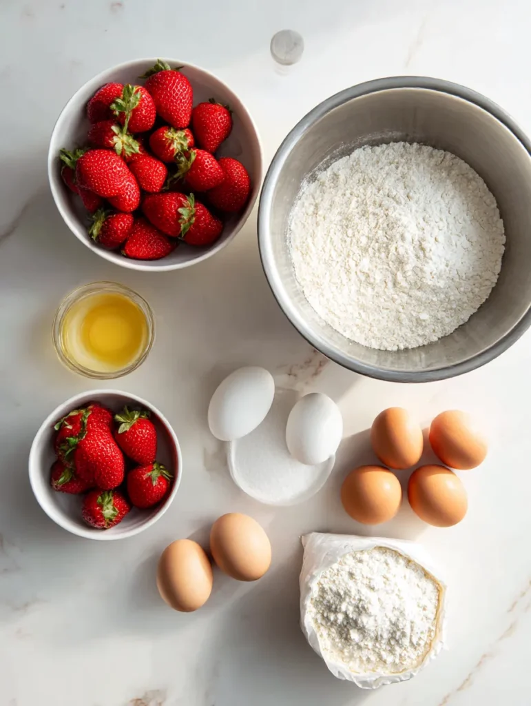 Ingredients for one bowl strawberry cake recipe arranged next to large mixing bowl