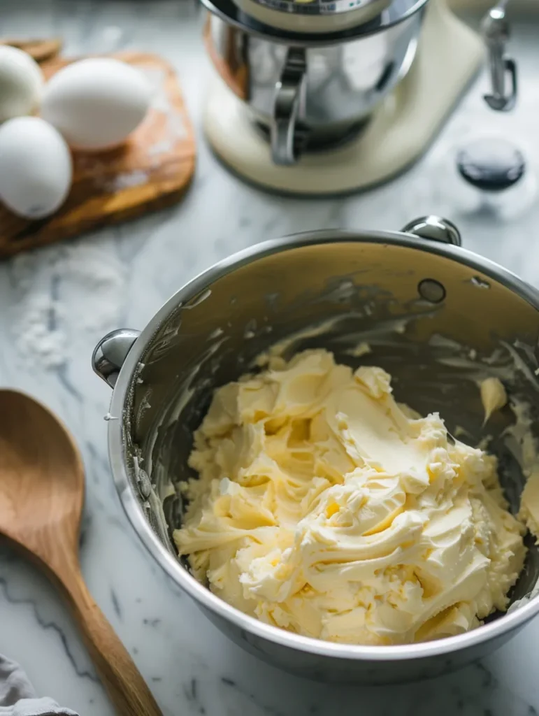 Perfectly creamed butter and sugar mixture for strawberry cake batter showing proper texture