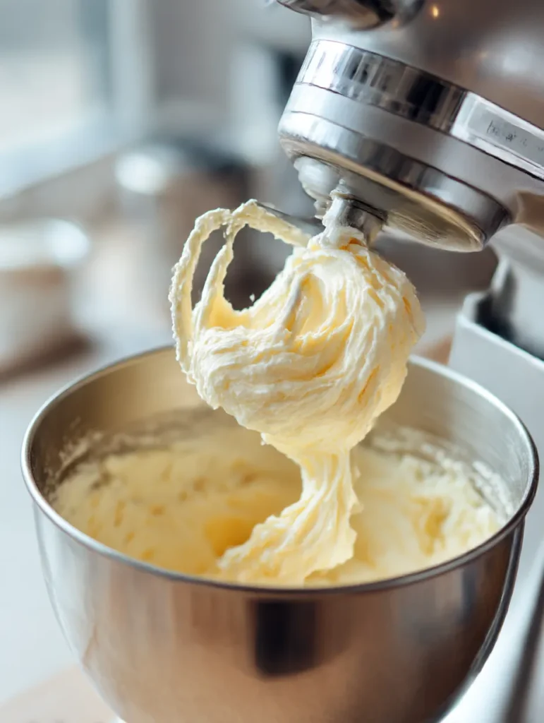 Butter and sugar creamed to perfect pale fluffy texture using professional technique