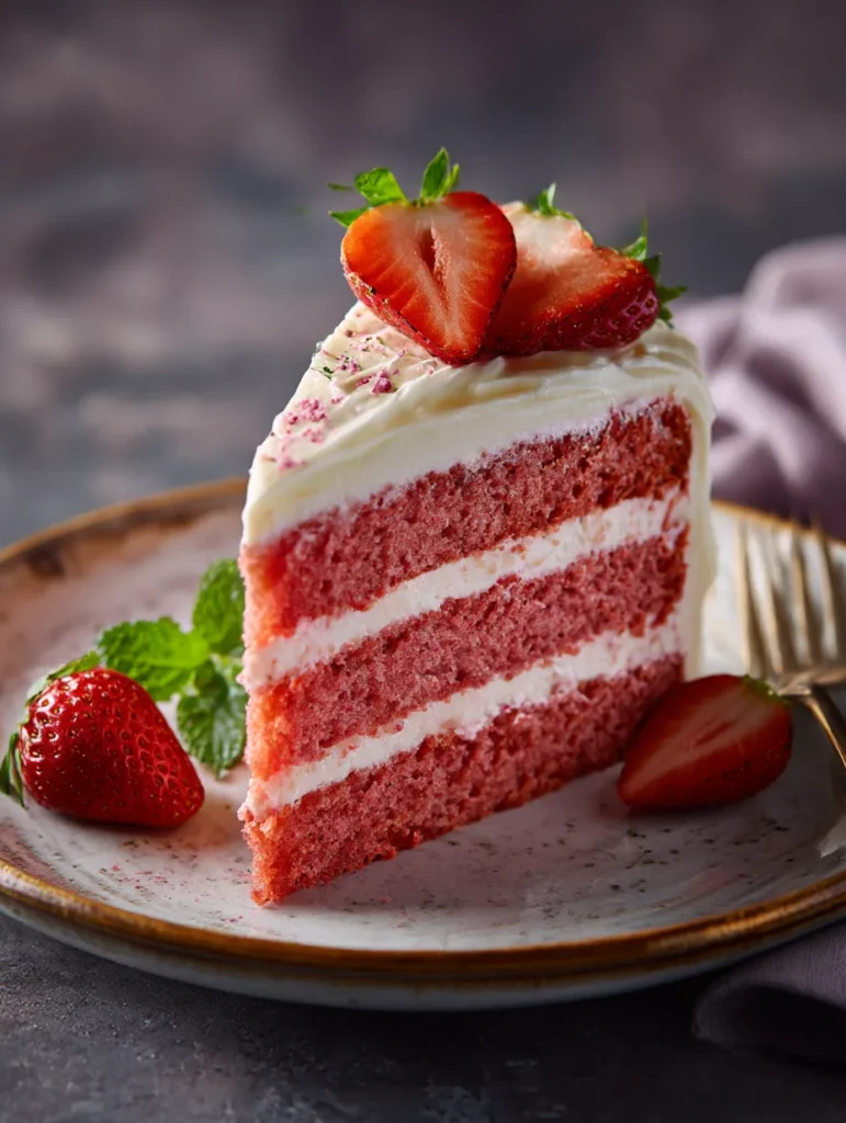 Perfect slice of quick strawberry cake showing ideal texture and appearance