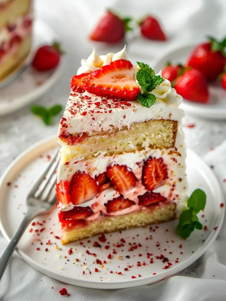 Perfect slice of homemade strawberry cake showing ideal texture and fresh strawberry distribution