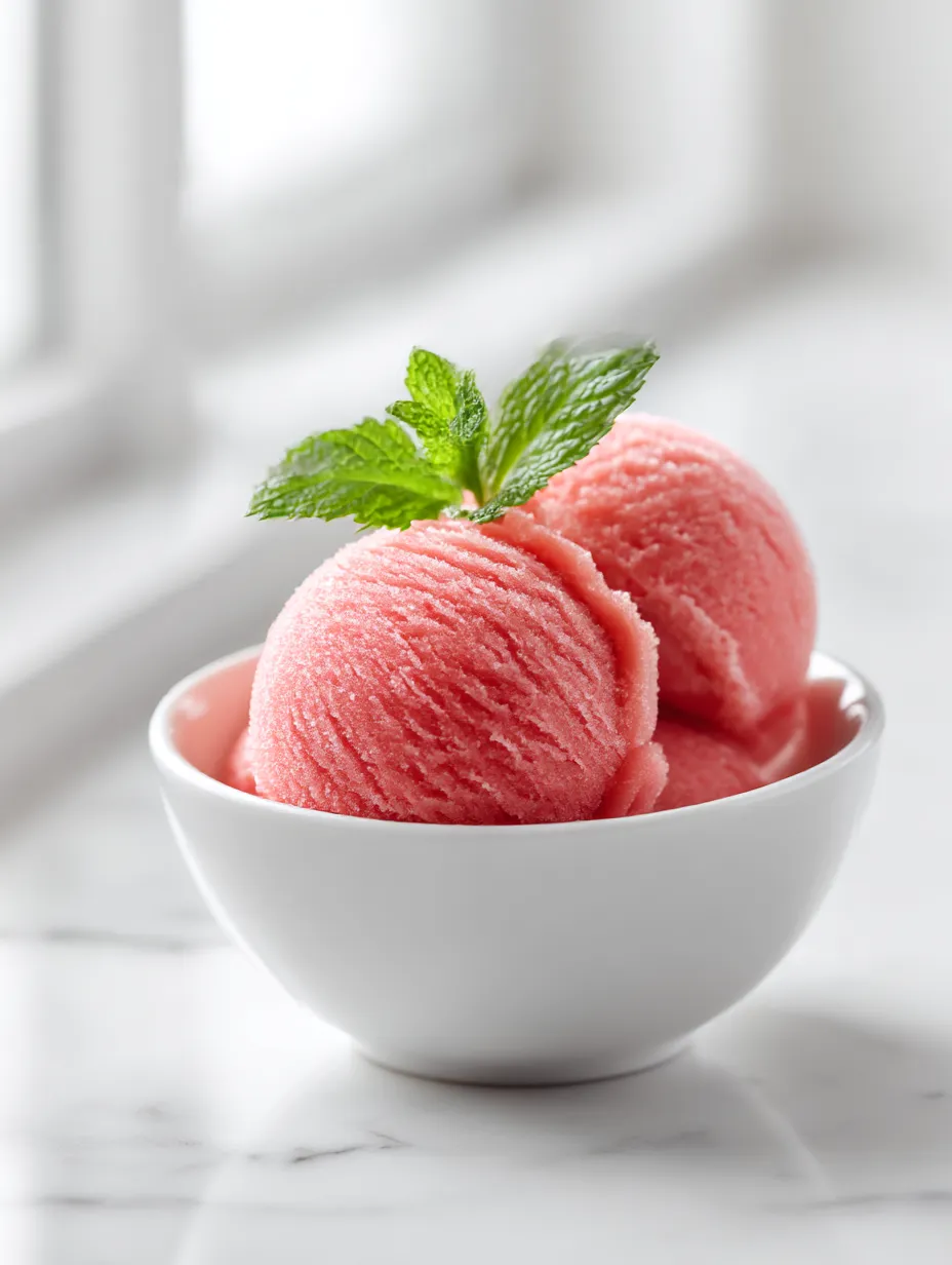 Perfect strawberry sorbet scoop in white bowl with fresh mint garnish for homemade sorbet recipe