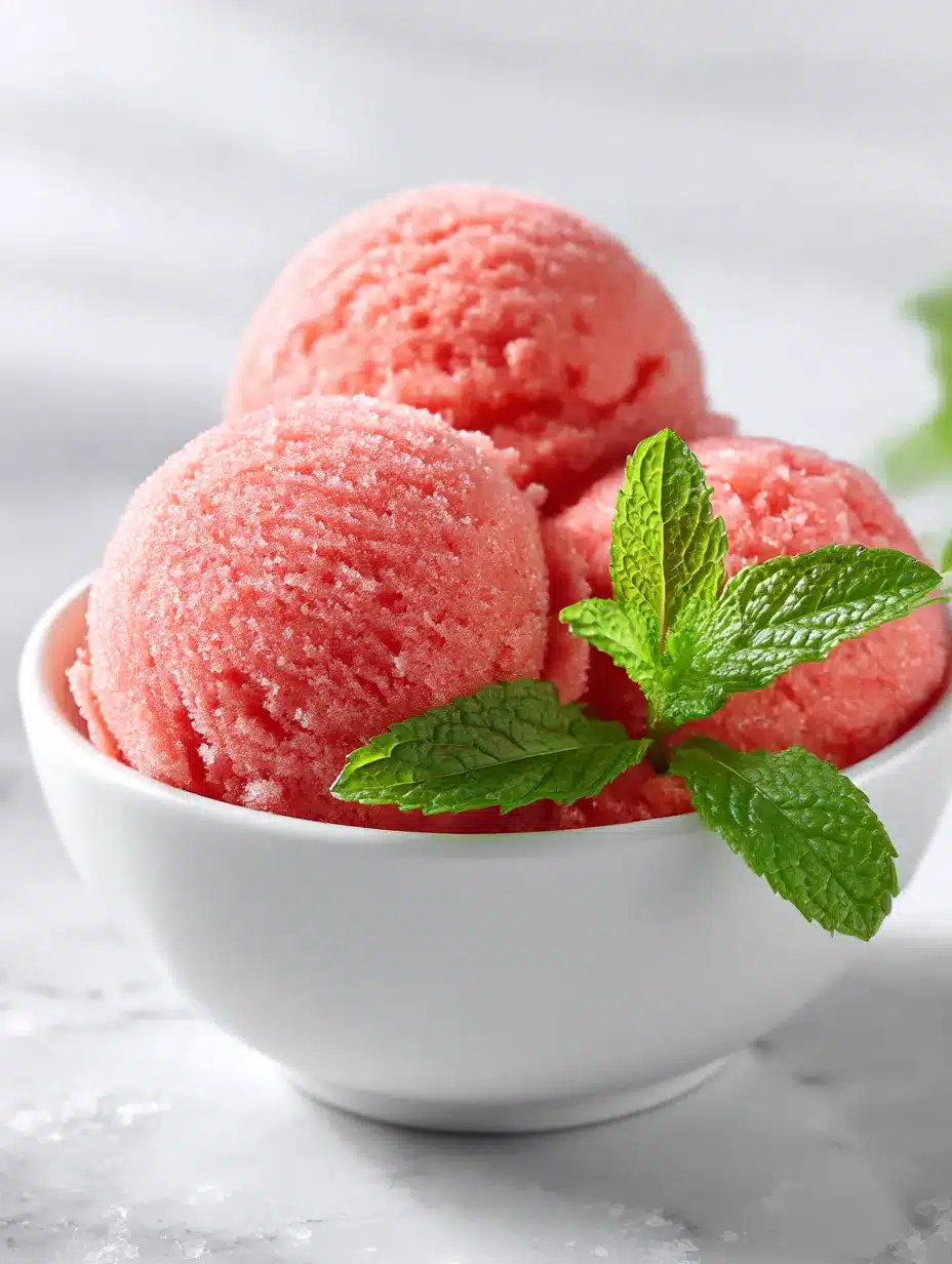 Perfect strawberry sorbet scoop in white bowl with fresh mint garnish