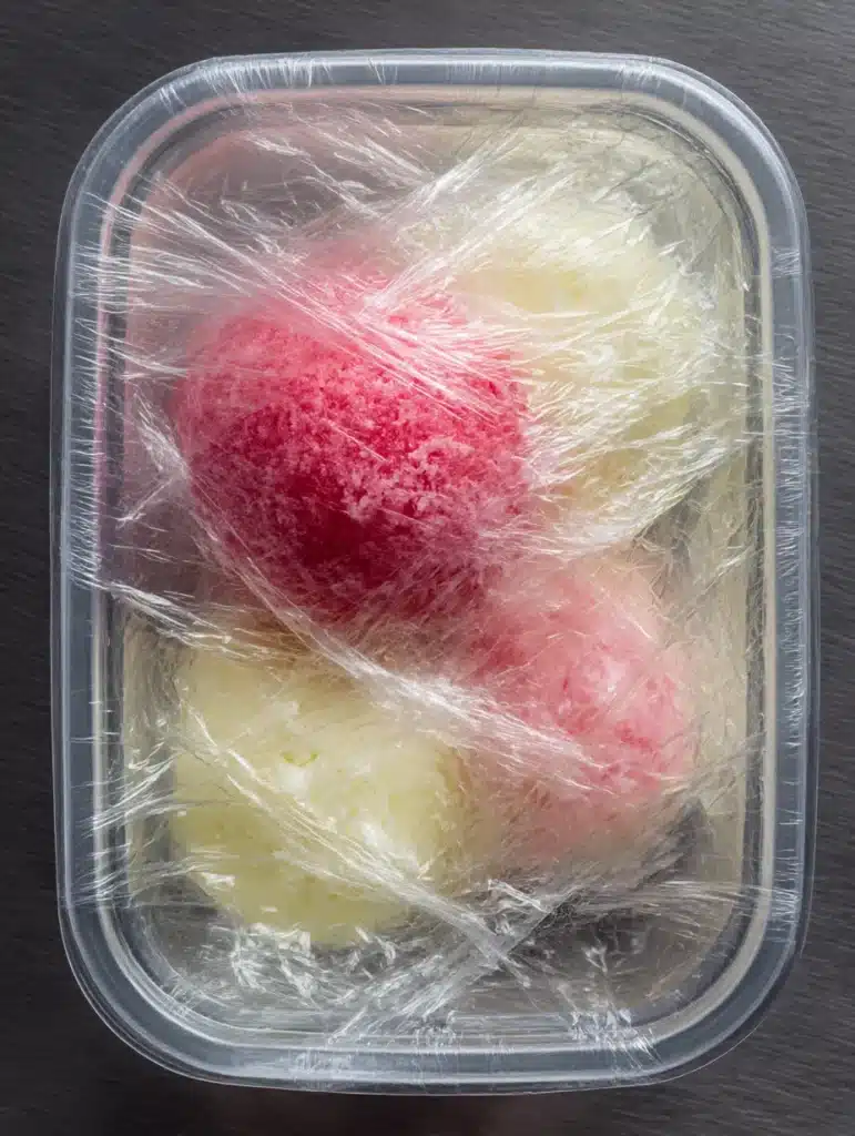 Proper sorbet storage method with plastic wrap and airtight container