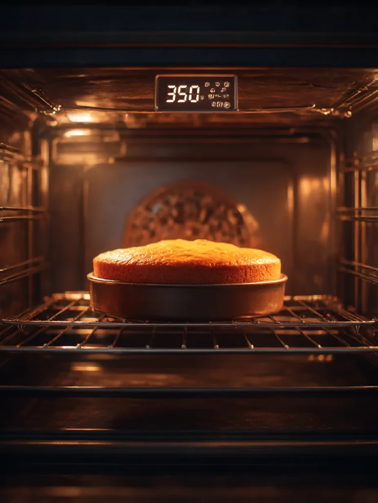 Strawberry cake baking in oven at 375 degrees showing golden surface development