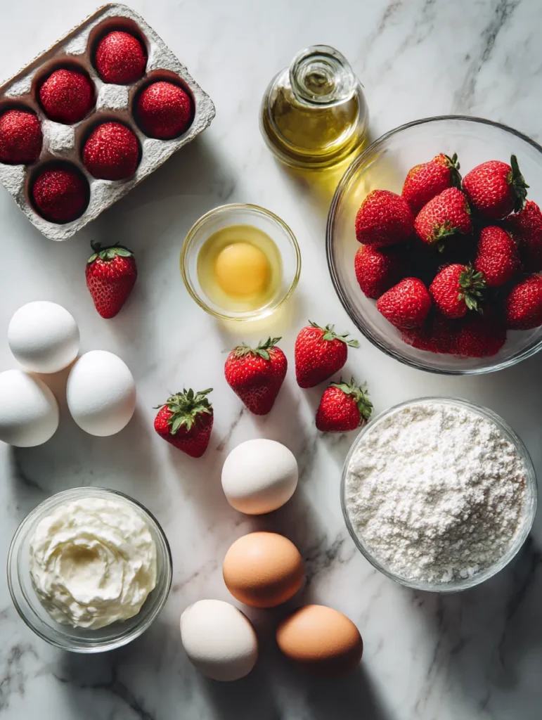 Essential ingredients for quick strawberry cake including premium cake mix and frozen strawberries