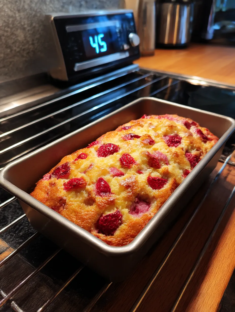 Quick strawberry cake recipe ready in 45 minutes with golden surface and visible strawberries