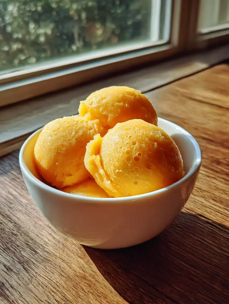 Simple homemade mango sorbet in white bowl with realistic creamy texture