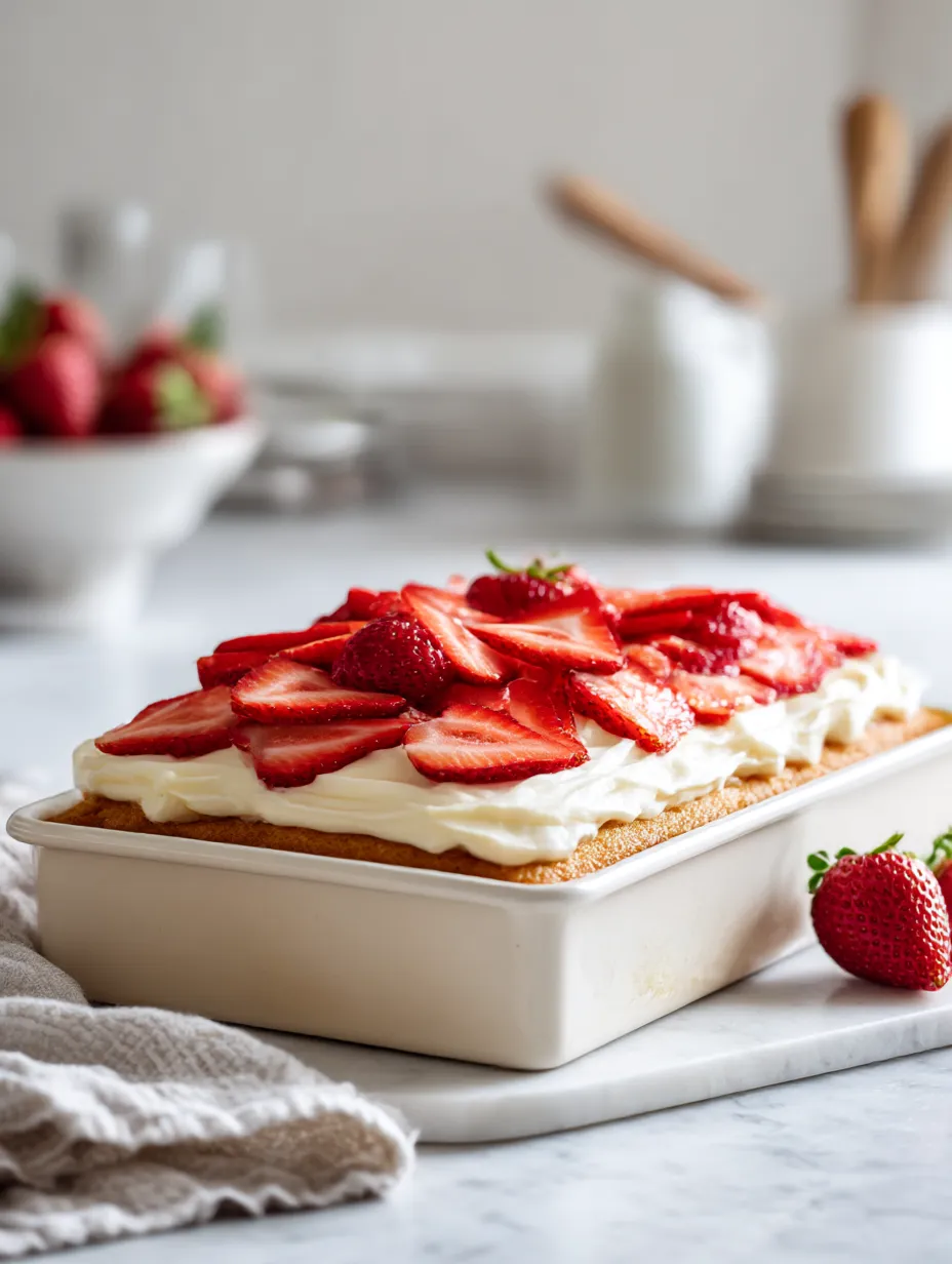 Simple strawberry cake with cream cheese frosting and fresh strawberry garnish