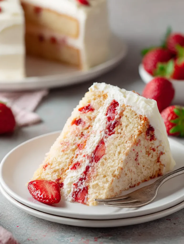Slice of simple strawberry cake showing moist texture and strawberry pieces throughout