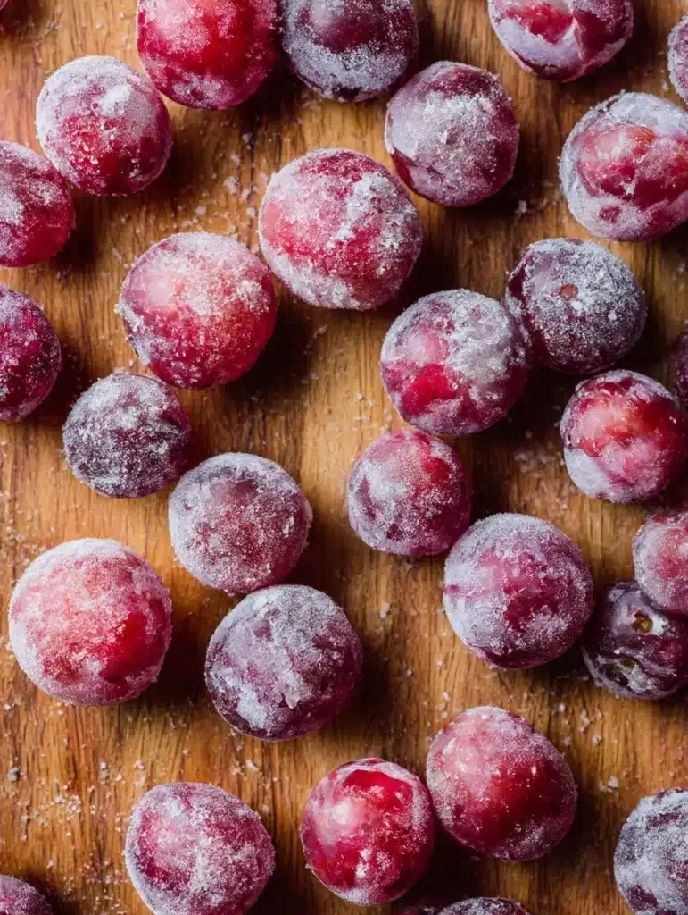 Frozen grapes scattered on kitchen cutting board for viral sorbet hack recipe