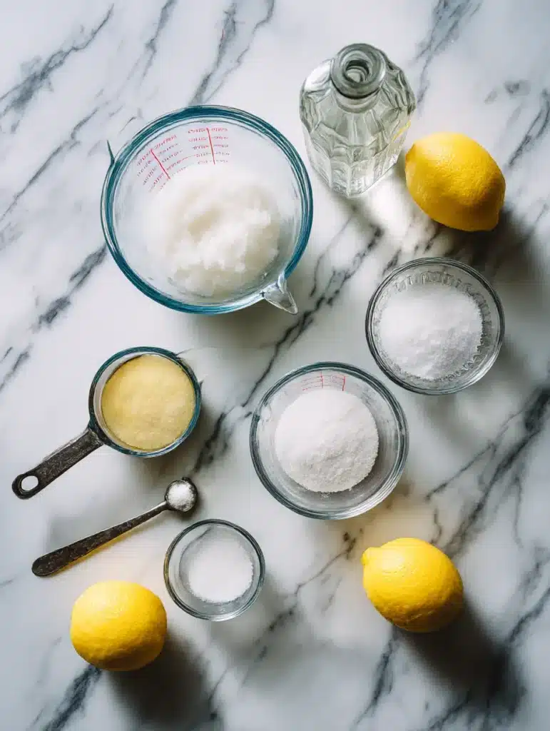 Measured sorbet base ingredients arranged for recipe including fruit puree and sugar