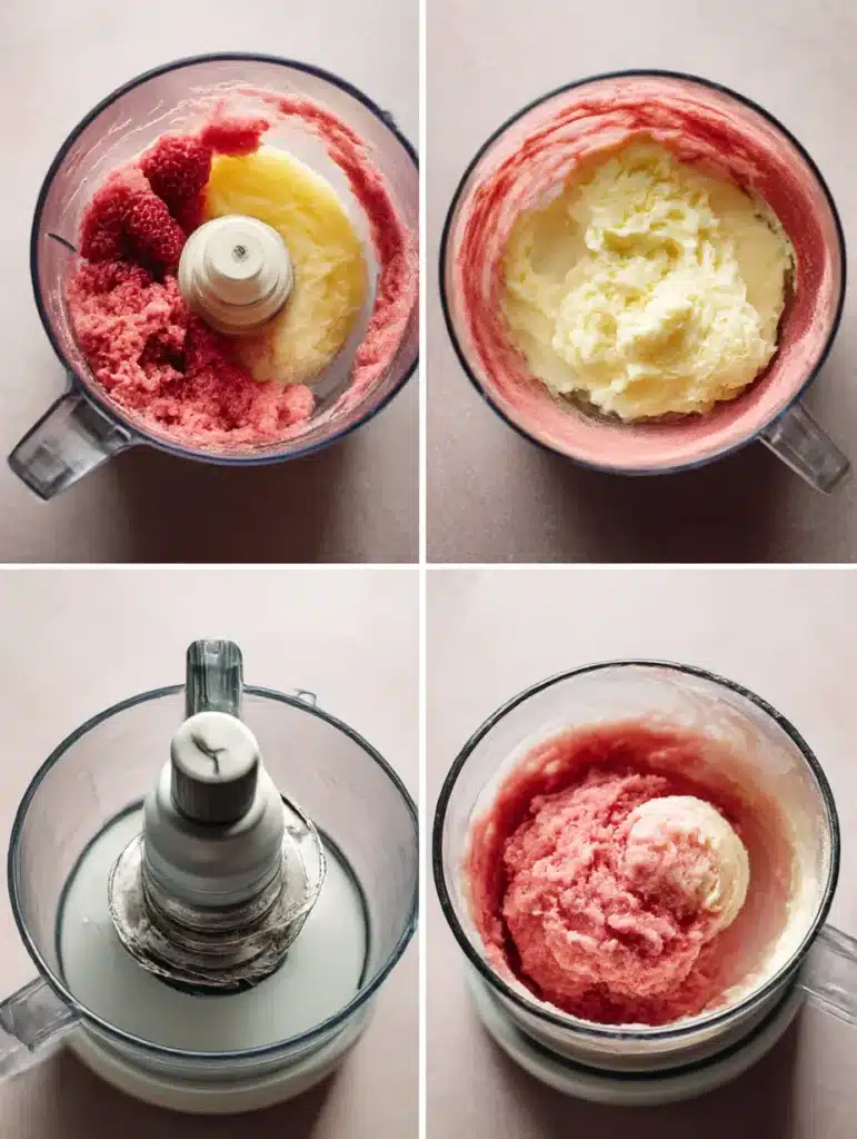 Four-step sorbet making process from fruit processing to final churning