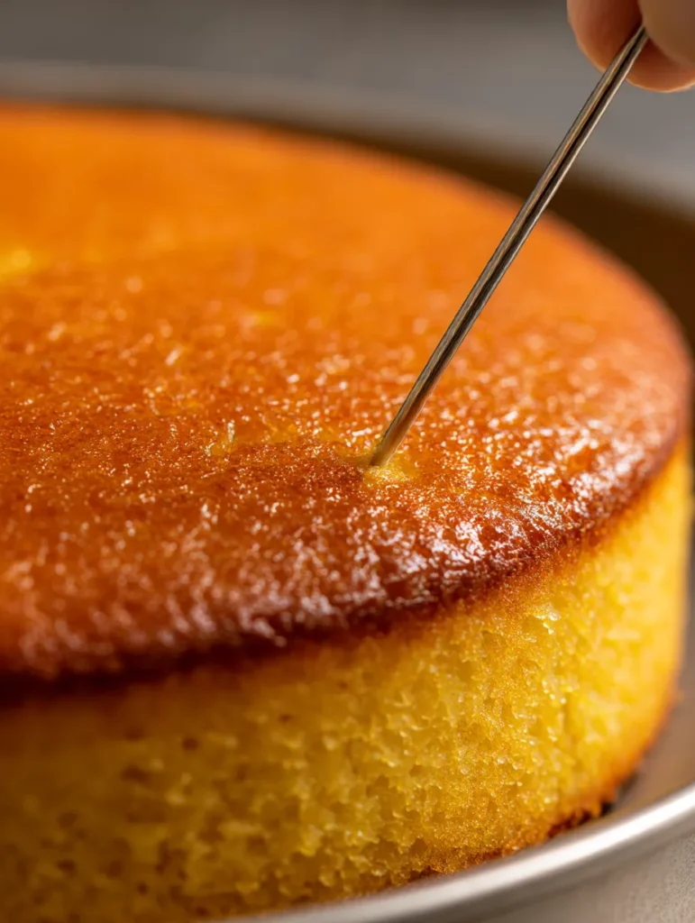 Testing strawberry cake doneness with toothpick showing proper baking technique