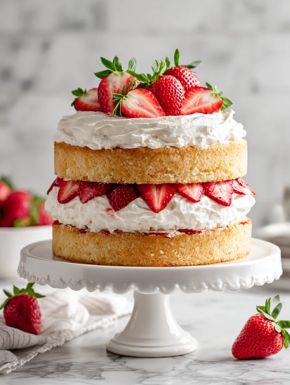 Three-layer strawberry cake from scratch with professional bakery-quality presentation
