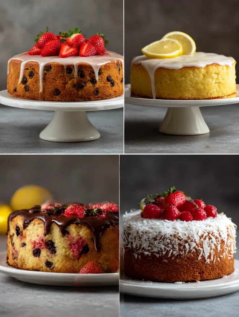 Four strawberry cake variations including chocolate chip lemon mixed berry and coconut