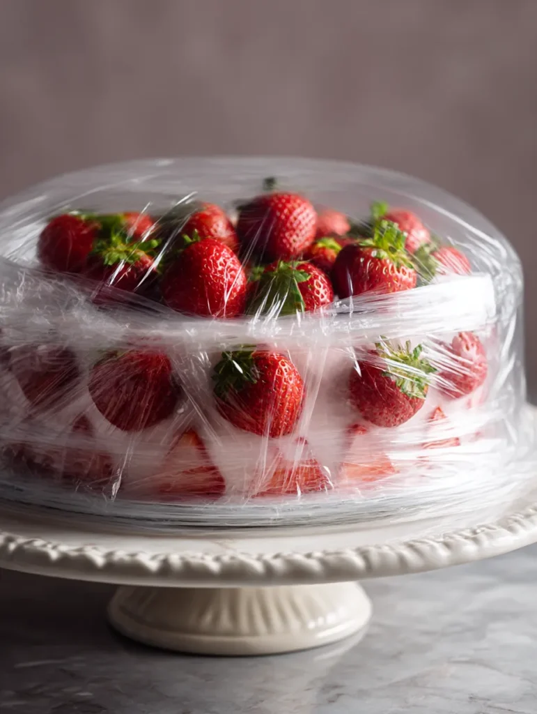 Proper storage methods for strawberry cake using plastic wrap and cake dome