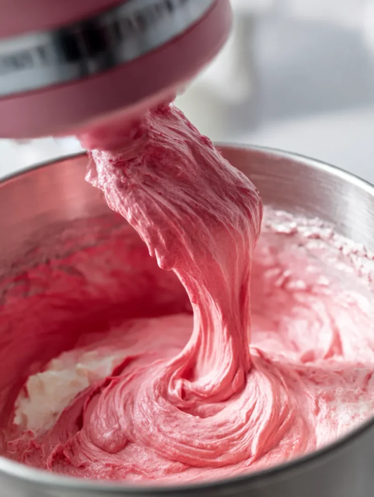 Fresh strawberry puree being incorporated into creamed butter mixture for from-scratch cake