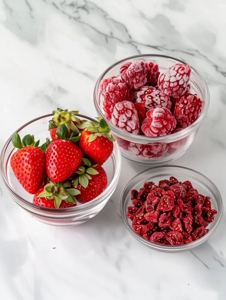 Fresh frozen and freeze-dried strawberries comparison for strawberry cake baking ingredients