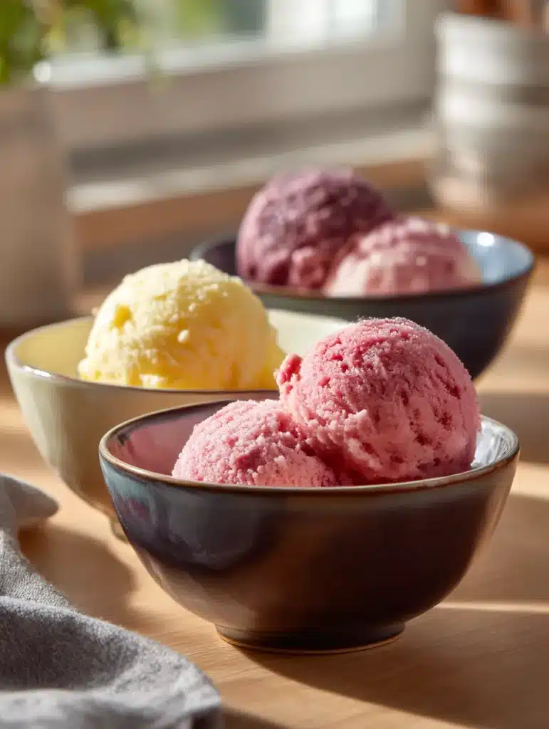 Three homemade grape sorbet varieties in everyday bowls showing color differences