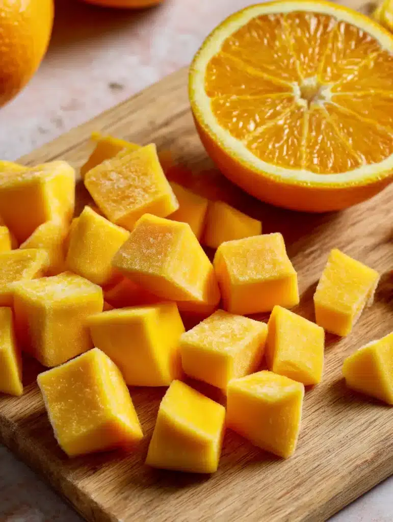 Two ingredients for mango sorbet: frozen mango chunks and fresh orange on cutting board