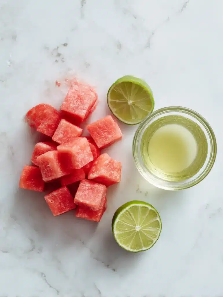 Two ingredients for viral watermelon sorbet: frozen watermelon cubes and fresh lime juice