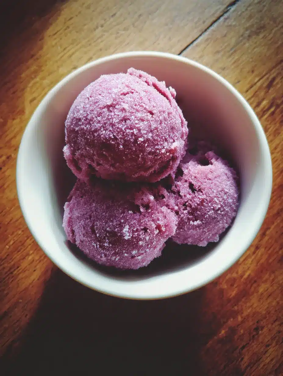 Viral frozen grape sorbet hack with realistic homemade texture in simple white bowl