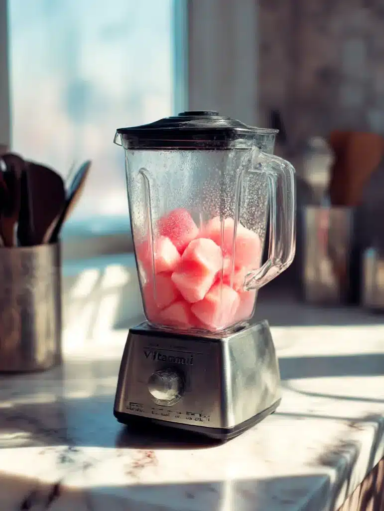 Vitamix blender making viral TikTok watermelon sorbet in realistic home kitchen setting