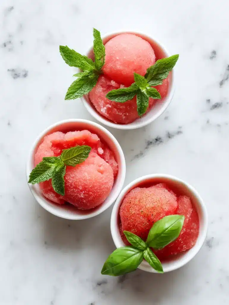 Three watermelon sorbet variations: mint, spicy Tajín, and basil flavored versions