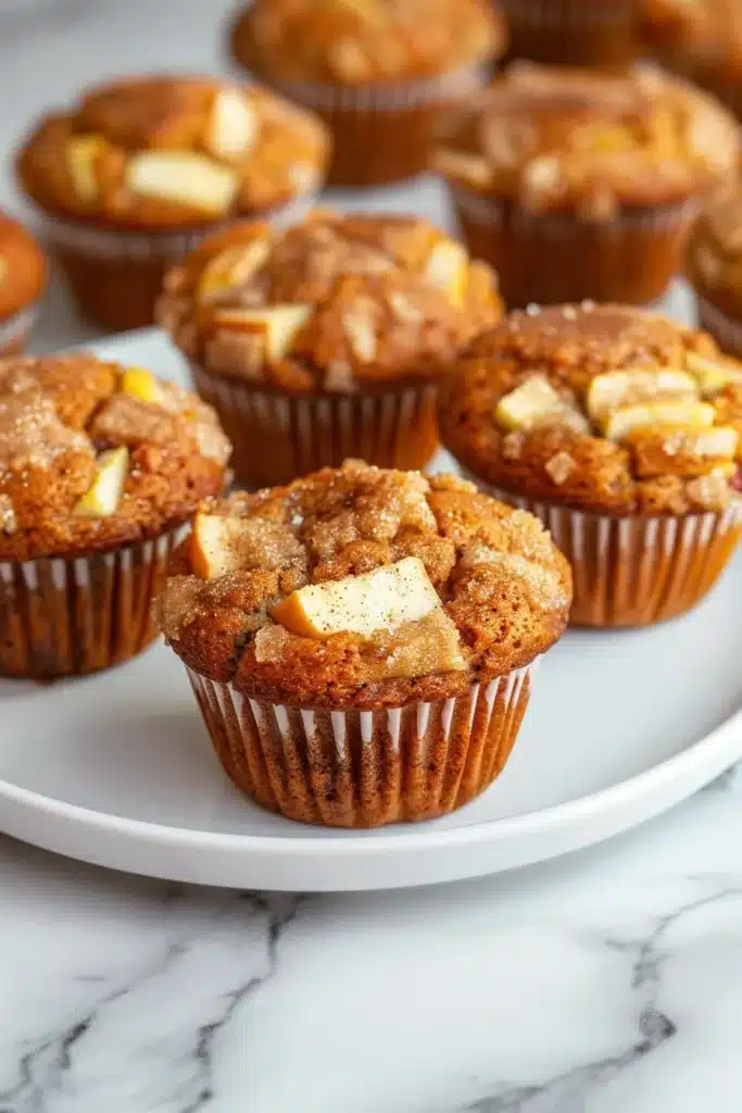 Medium shot of muffin batter being filled into prepared muffin tin with apple pieces visible in mixture