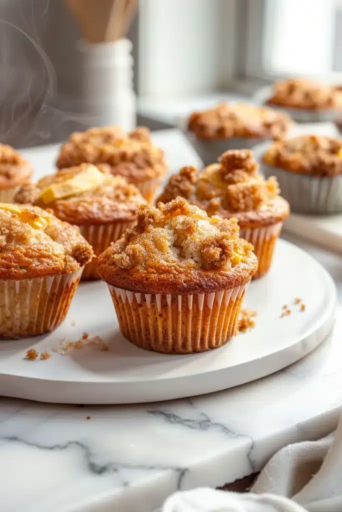 Overhead flat lay of diabetic apple muffin ingredients including flour, stevia, fresh diced apples, cinnamon, and measuring tools on marble surface