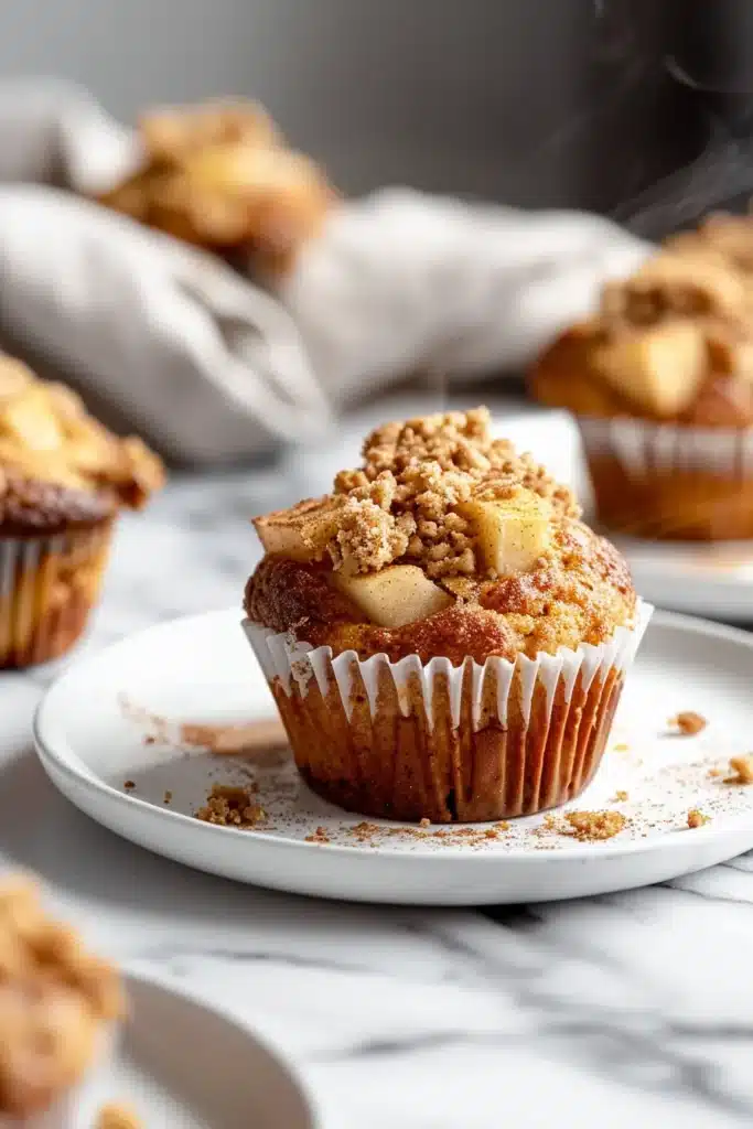 Wide shot of finished diabetic apple muffins on cooling rack with one split open showing tender crumb and apple pieces