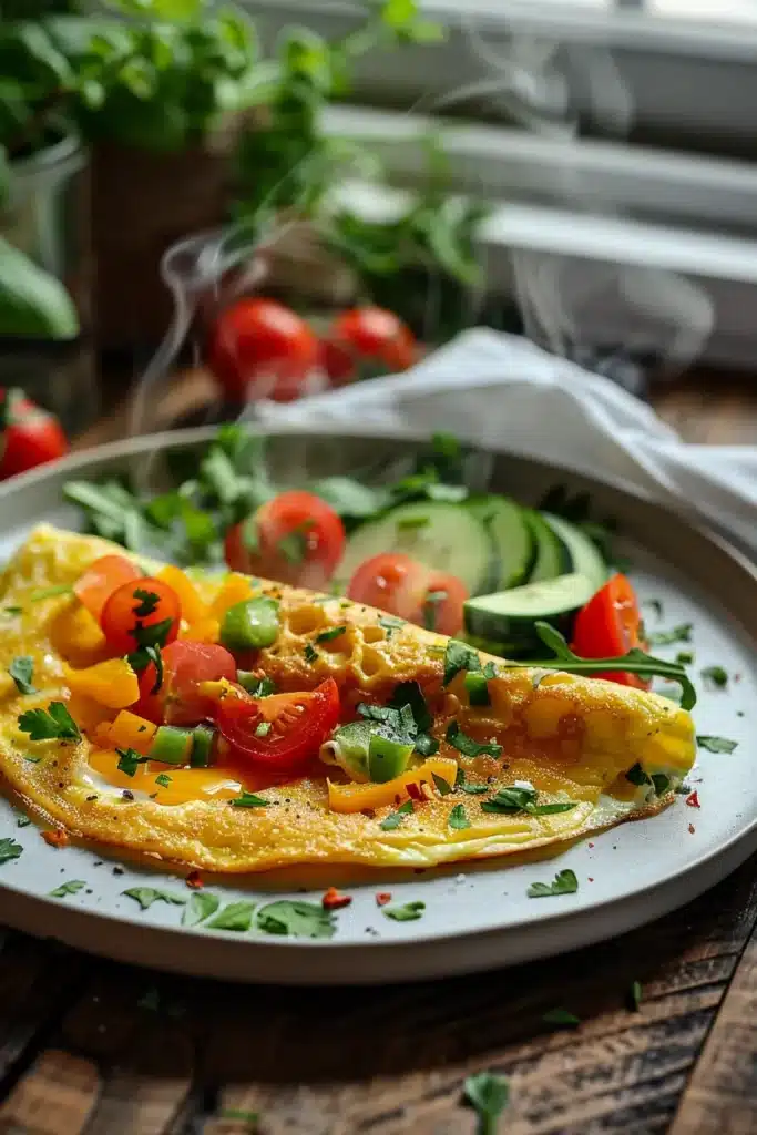 Wide shot of completed garden veggie omelet on plate with toast and fresh fruit, full breakfast table setting with morning ambiance