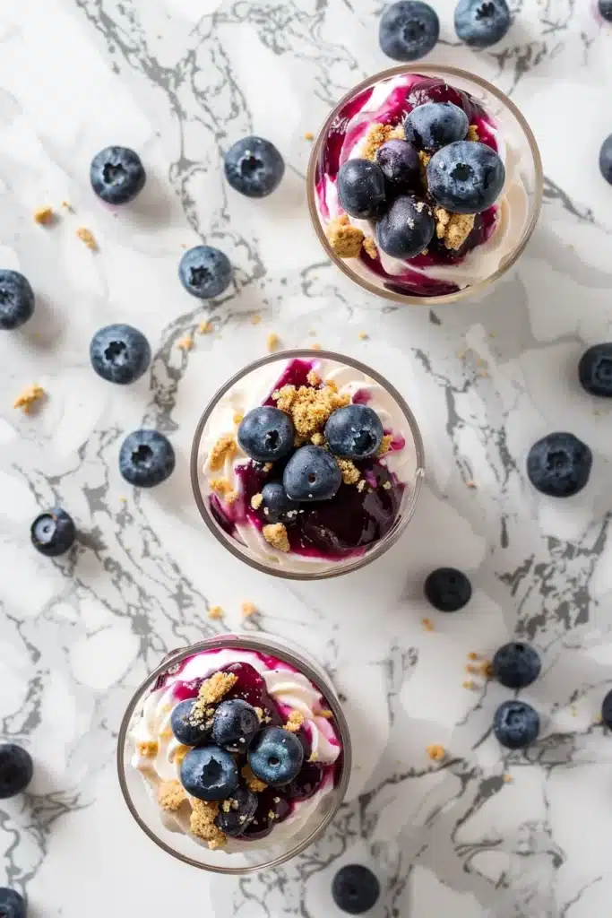 No-bake blueberry cheesecake parfaits in clear glasses showing layered graham cracker crust,