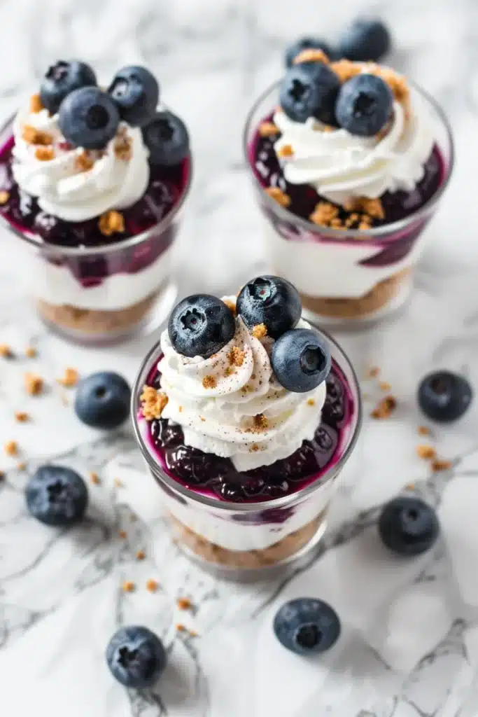 No-bake blueberry cheesecake parfaits in clear glasses showing layered graham cracker crust, creamy filling