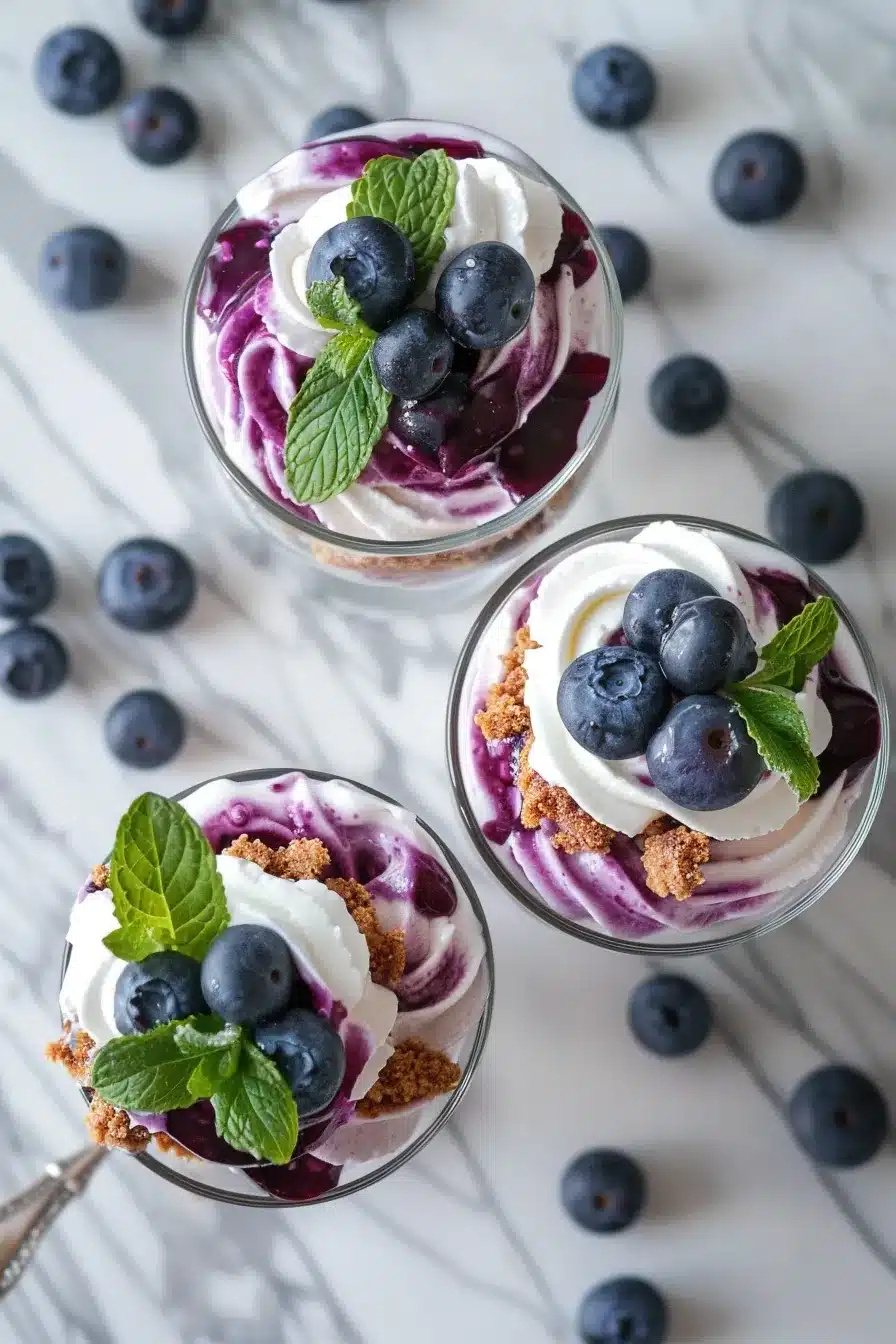 No-bake blueberry cheesecake parfaits in clear glasses showing layered graham cracker crust, creamy filling and blueberry compote