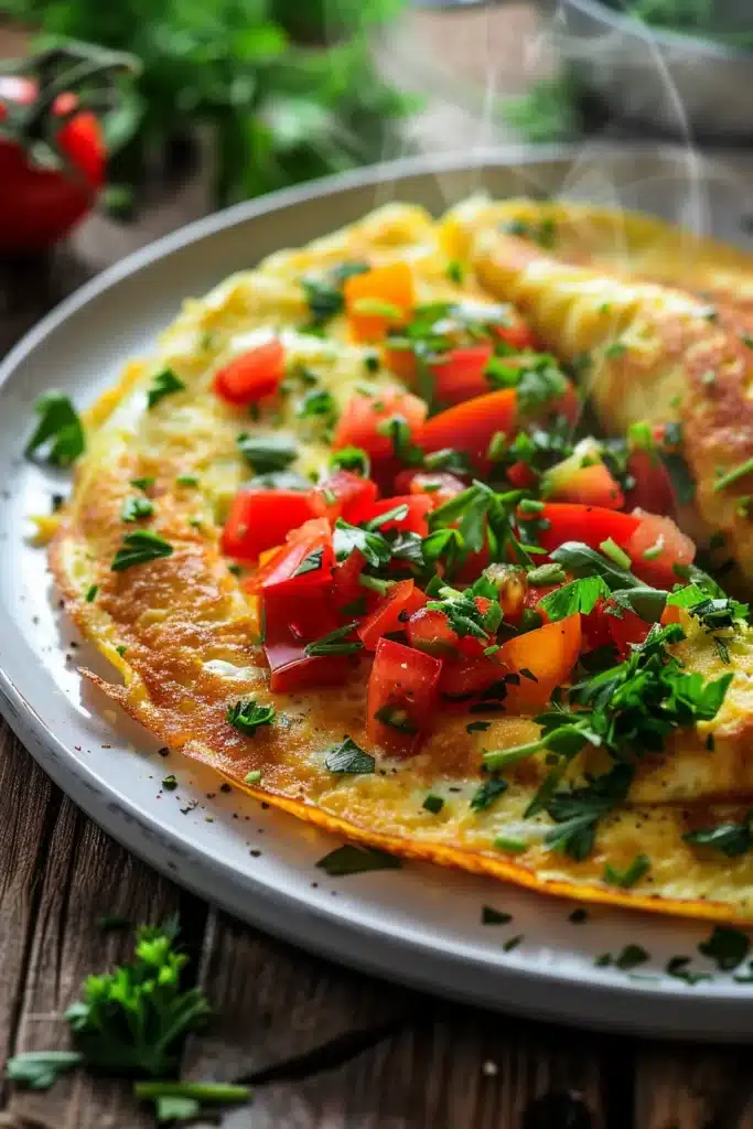 Medium shot of vegetables being sautéed in non-stick pan with beaten eggs being poured over, showing cooking technique in action