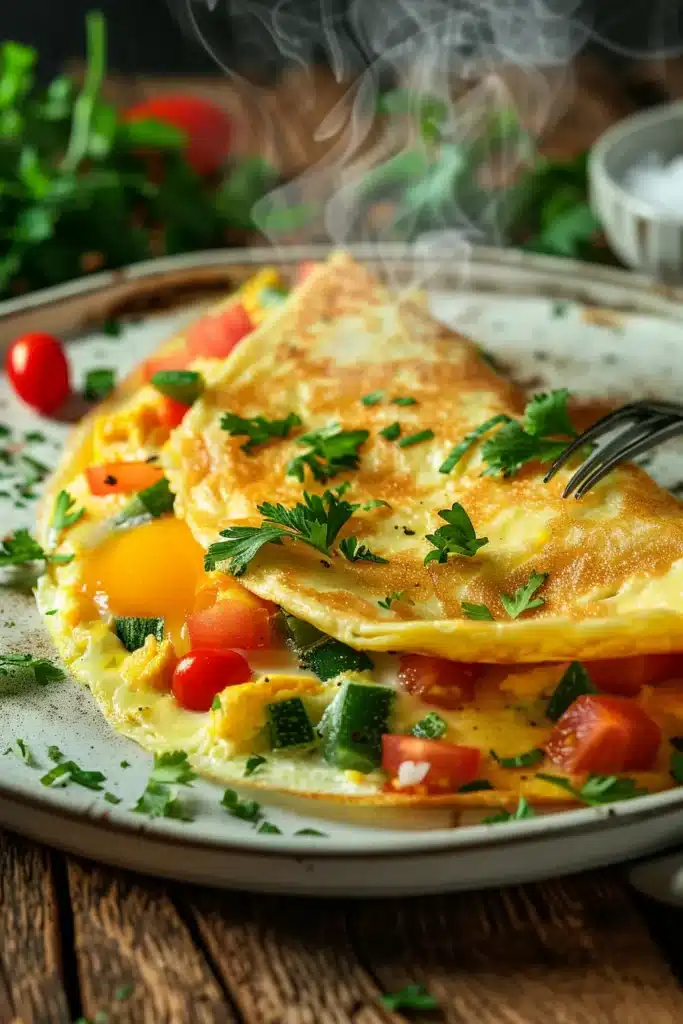 Overhead flat lay of fresh garden vegetables, eggs, butter, cheese, and herbs arranged on rustic wooden cutting board with morning light