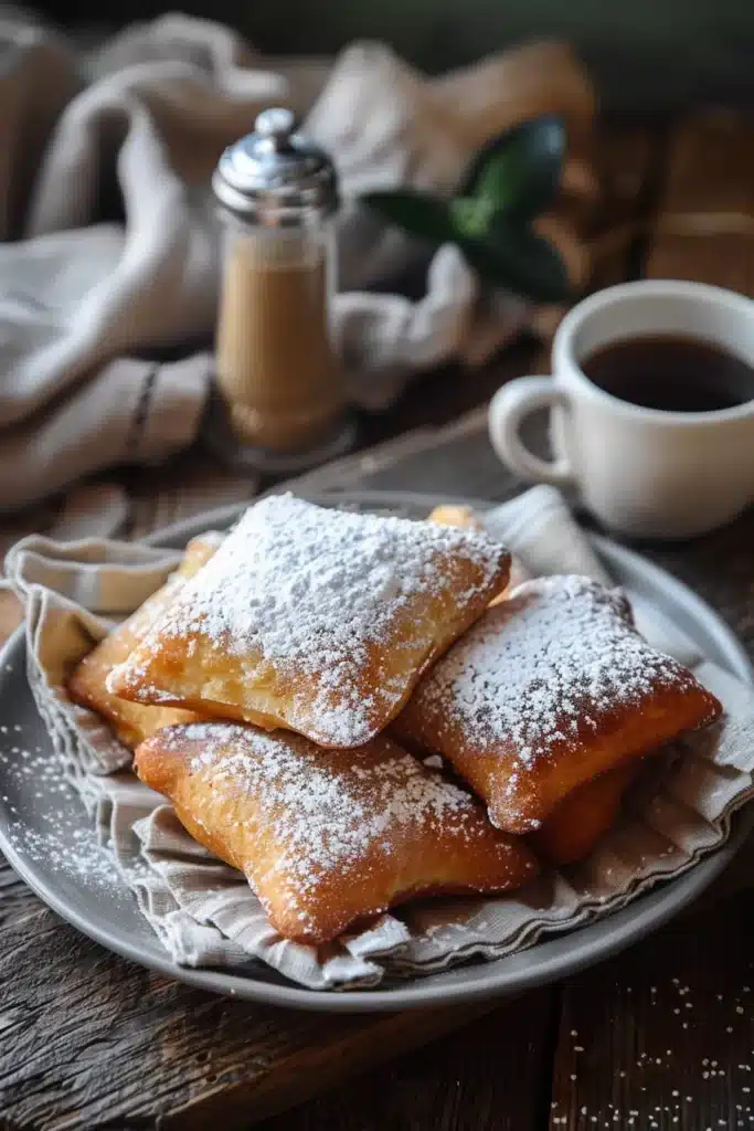 Vanilla french beignets styled on rustic wooden table with coffee cup in cozy New Orleans café setting