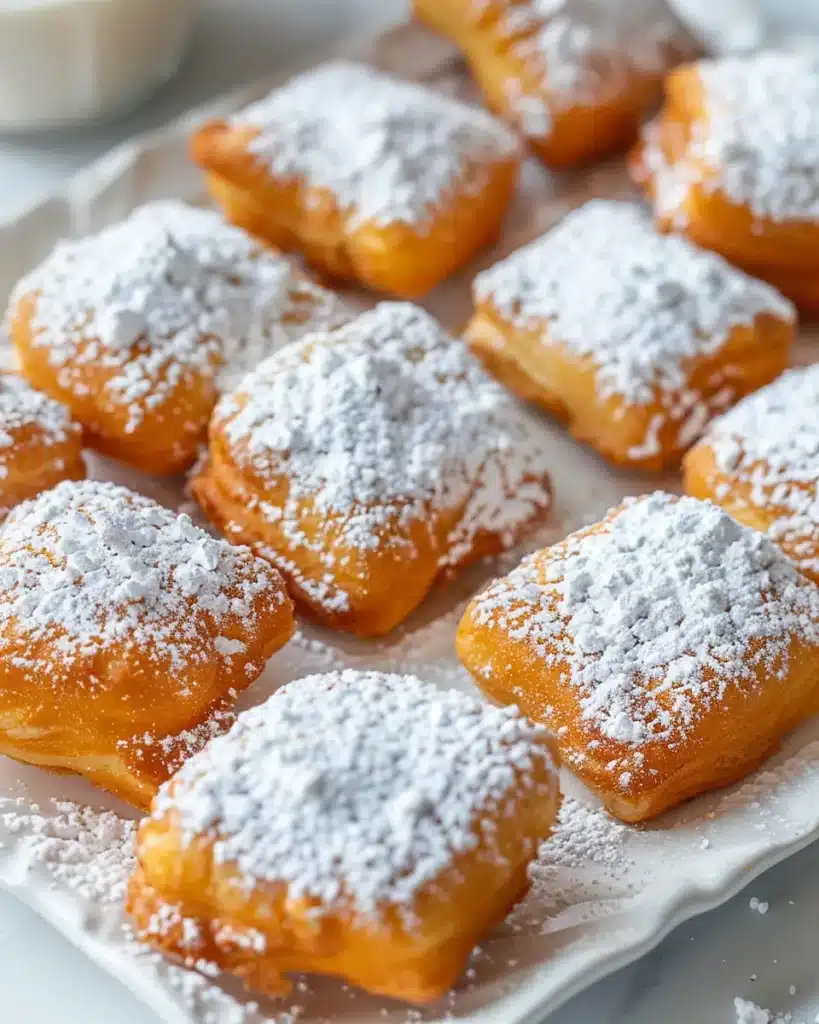 Multiple vanilla french beignets arranged on white serving platter showing individual portions with powdered sugar