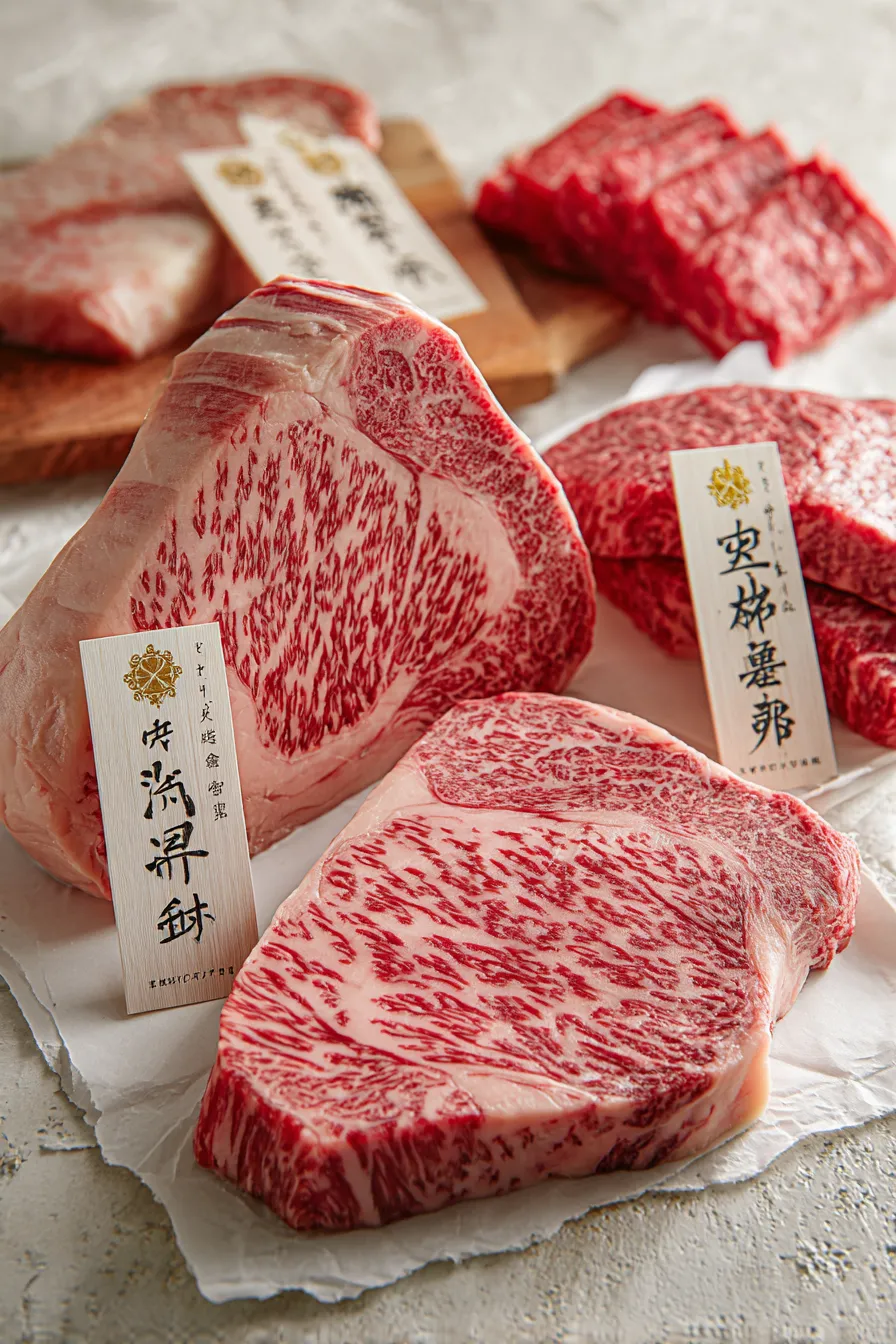 Premium Wagyu cuts with marbling patterns, grading certificates, and price tags showing budget-friendly options under $100/lb