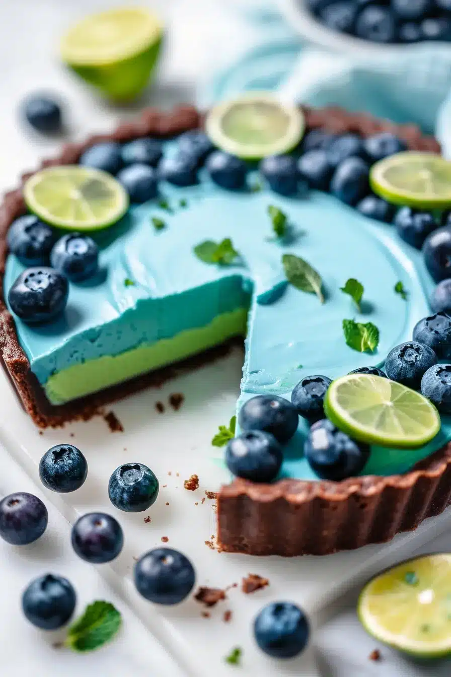Realistic close-up of blue lime tart slice showing natural blue spirulina layer and lime curd with authentic texture, real coconut milk shine, and genuine berry garnish
