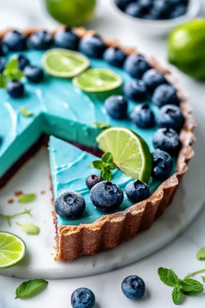 Authentic overhead shot of real blue lime tart ingredients including actual blue spirulina powder, fresh cut limes, coconut milk can, and crushed cookies on real kitchen counter
